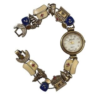 Vtg Y2K Jennie B Watch Women Gold Tone Enamel Charm Bracelet Hospital Nurse 7.5"